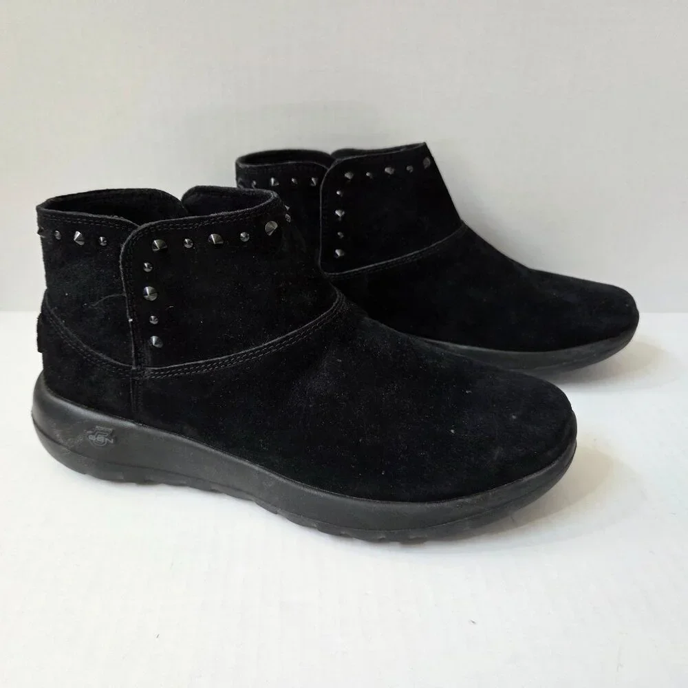 Skechers Boots Womens 9.5 Black Suede On the Go Walk Joy Studded Ankle Booties